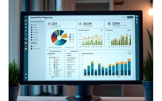 Financial dashboard showing payroll cost analysis, labor distribution, and budget variance charts.